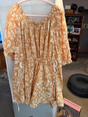 Free People Nora Nightie Dress Straw Combo Beige Floral Oversized
